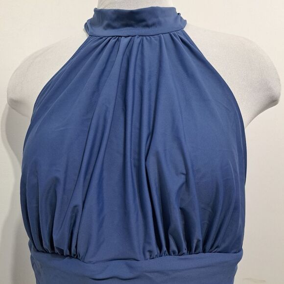 Cupshe Bianca Plunge Halter One Piece Ruched Swimsuit Dusty Blue 1x NWT - Picture 13 of 15